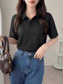 DAZY Women Business Casual Solid Short Sleeve Blouse - Black - View 8