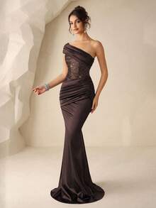 Coutiva Vestido de noche formal de cola de pez con parches de lentejuelas para mujer - Café integral - Ver 3