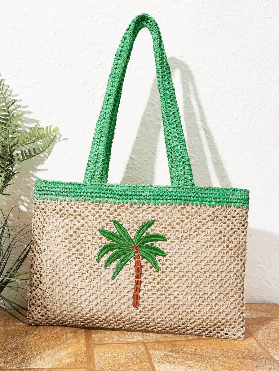SHECARRY Ladies, Women Shoulder Bag, Straw Bag, Straw Woven Bag, Coconut Tree Embroidery Pattern, Fashionable, Elegant, Simple, Personalized, Versatile, For Beach, Vacation, Holiday, Summer, Seaside, Beach Party - Beige - View 1