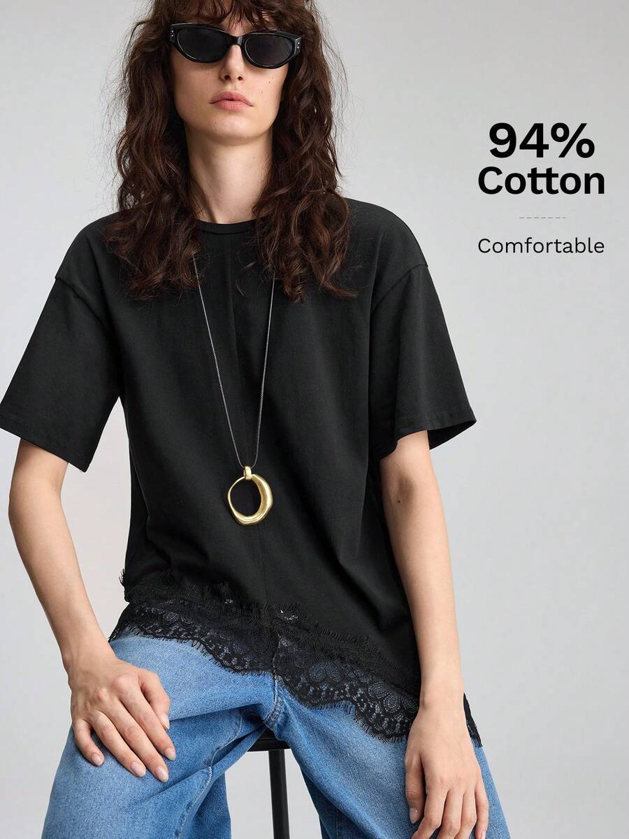 Ontre 2026SS 新款蕾絲拼接女款上衣,寬鬆版型,純黑色 T-shirt,極簡優雅都市現代分線圓領層次設計,女款休閒穿搭,度假、老錢風、茶會、約會、浪漫度假上衣,婚禮賓客服裝,辦公穿搭,教師,返校時尚,百搭女款上衣 - 黑色 - 查看 1