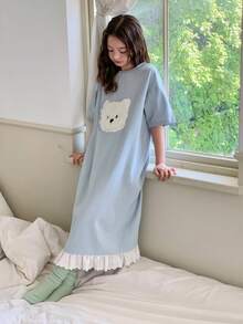 Dazy Kids 毛絨圖案拼色設計青少年女孩圓領居家服夏季 - 淺藍色 - 查看 3