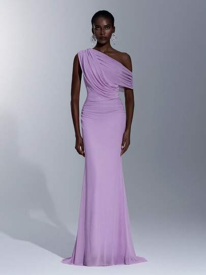 Elitara Elegant Luxurious Handcrafted Rhinestone Decorated Off Shoulder Sleeve Splice Elastic Satin Ruched Fishtail Dress, Suitable For Weddings, Parties, Vacations, Balls, And Formal Occasions