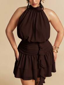 SHEIN BAE Plus Size Solid Color Ruffle Neck Pleated Fashion Date Birthday Cocktail Evening Tea Party Dress Brown Summer Elegant - Brown - View 7