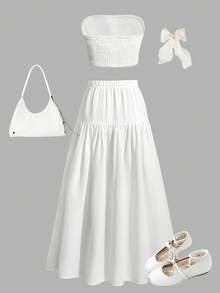 SHEIN Sparklyn 2pcs Teenage Beach Vacation Solid Color Knit Tube Top & Skirt Set - White - View 2
