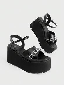 Sugerpunk Sandales compensées plateforme sexy et confortables pour femmes, style punk, gothique, avec boucle en métal sur plateforme muffin. Design à la mode pour les vacances, les sorties en boîte de nuit, le bureau ou la ville. Chaussures d'été pour femmes - Noir - Voir 3