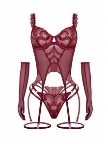Seduluxe Red Summer Sexsy Special Occasion Wedding 6-Piece Lingerie Set For Women,Embroidered Mesh Bra,Thong,2 Leg Garters & 2 Wrist Cuffs,Elegant,French - Burgundy - View 5
