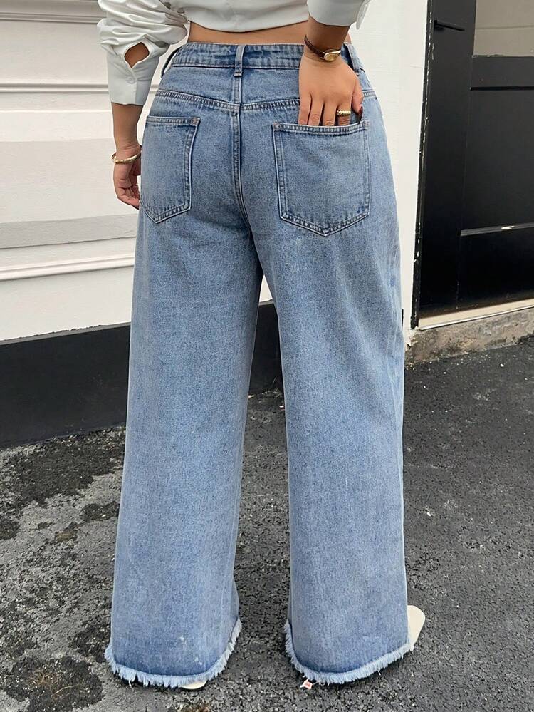 Dazy Plus Light Wash Distressed Wide Leg Long Jeans, Suitable For Tall Women, Plus Size, Spring/Summer