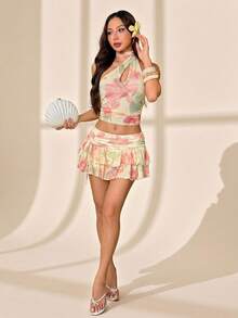 SHEIN PETITE 女士低腰层叠荷叶边半身裙，黄色花卉印花，适合春夏、海滩度假、情人节等场合，是情人节女性穿搭的理想之选。 - 淡黃色 - 查看 1