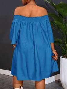 Slaydiva Plus Size Women's Off-Shoulder Elegant Commute & Vacation A-Line Dress - Mint Blue - View 2