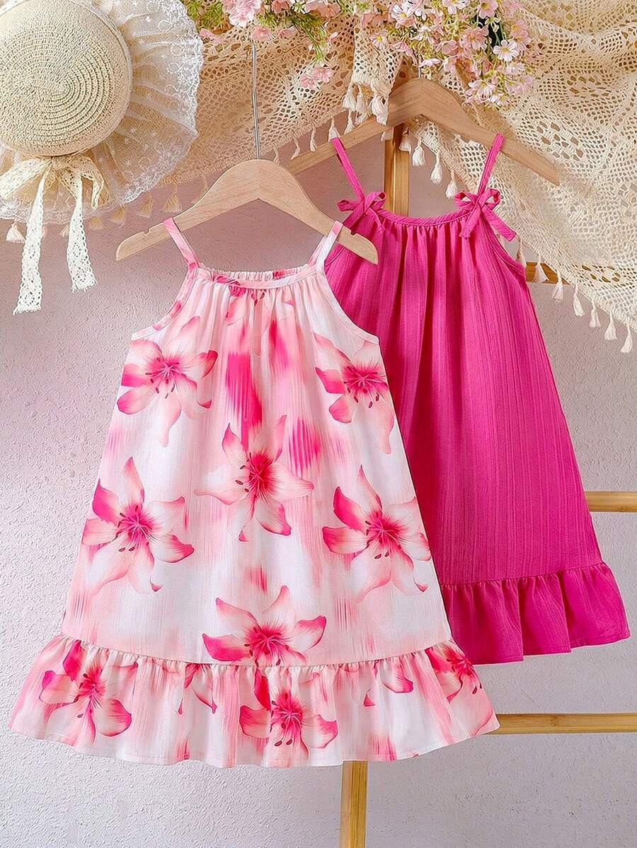 Elladie kids 这款女童连衣裙采用编织面料,饰有芙蓉花印花,搭配紫红色荷叶边下摆和细肩带,适合夏季日常穿着、外出、旅行、度假和派对等场合。 - 粉色 - 查看 1