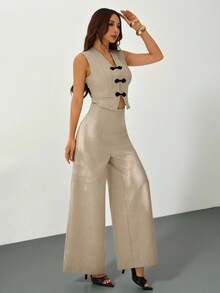 SHEIN PETITE Bộ đồ nữ thanh lịch tối giản gồm áo vest ngắn cổ chữ V phối màu tương phản và quần ống rộng cạp cao, phù hợp cho đi làm hàng ngày và mặc thường ngày, màu be, thích hợp cho lễ tốt nghiệp, trang phục giáo viên, tựu trường mùa thu/đông. - Màu be - Xem 8