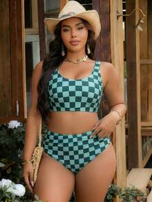 SHEIN Swim Curve 大尺碼女款青綠色格紋坦基尼泳衣套裝，休閒熱帶度假海灘假期夏季 - 青碧色 - 查看 4