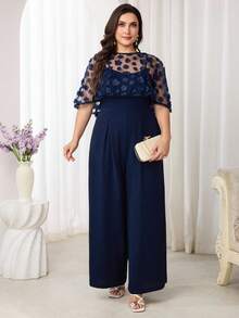 Seusyu Plus Size Solid Color Camisole Dress And Sheer Round Neck Top 2 Pieces Set Wedding Evening Formal Navy Blue Summer Elegant - Navy Blue - View 10