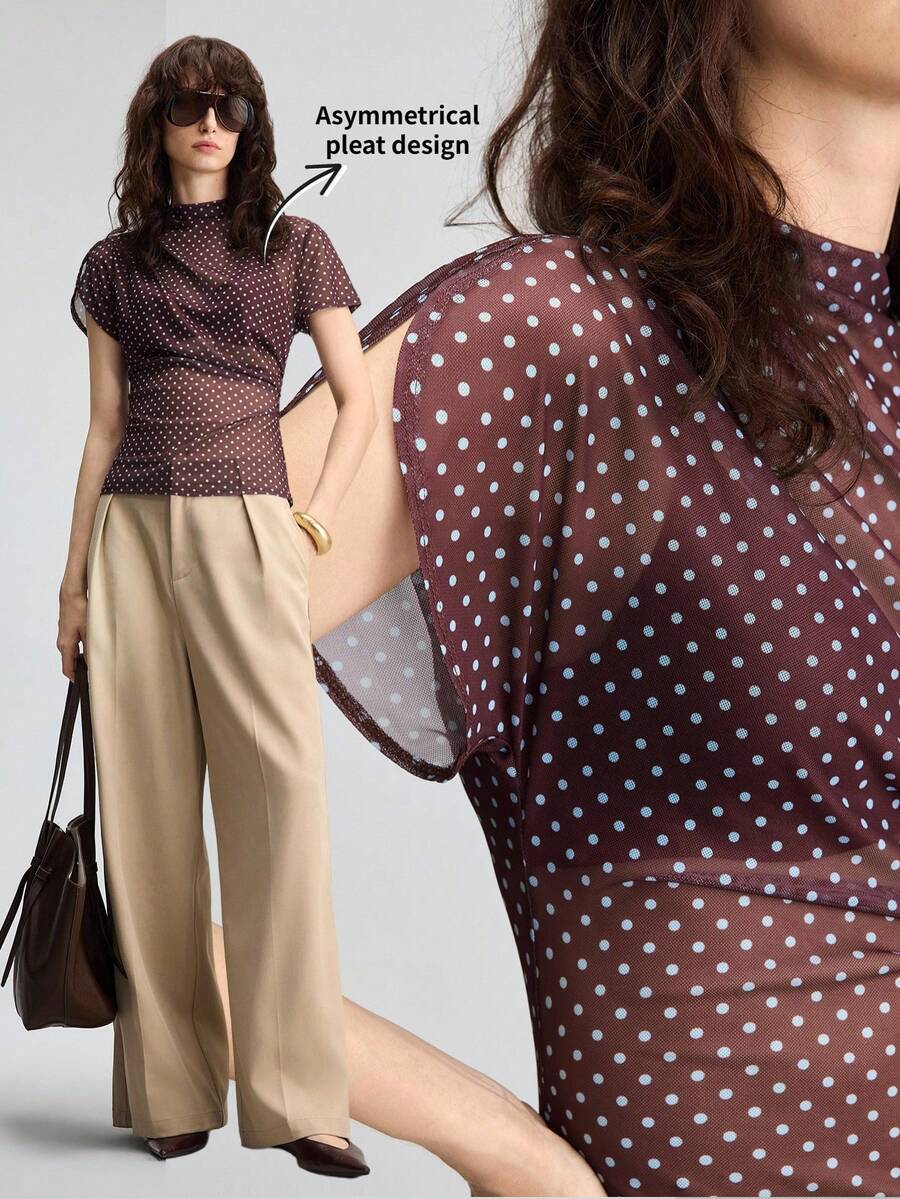 Ontre 女款棕白圓點夏季優雅辦公上衣，假領不對稱單肩網紗抓皺修身咖啡藍現代時髦穿搭