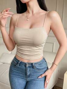 DAZY 女款休閒百搭純色短版細肩帶背心 夏季 - 米色 - 查看 6