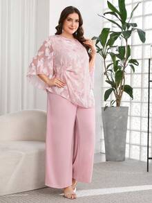SHEIN Clasi Bộ đồ nữ cỡ lớn gồm áo cổ tròn xếp ly và quần ống rộng, kiểu dáng thường ngày. - Màu Hồng baby - Xem 5