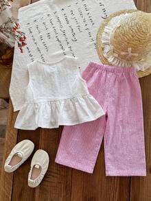 SHEIN 2件套女婴幼儿/新生儿0-3岁春夏休闲甜美日常度假条纹梭织无袖上衣和阔腿裤两件套女童夏季套装2件套亚麻套装女童公主休闲裤套装女童裤子和上衣2件套女童可爱复古风女童休闲裤套装女童休闲裤套装女童套装 - 粉色 - 查看 7