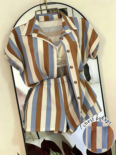 Airaco Conjunto de 2 piezas de camisa de manga corta con cuello a rayas de color contrastante y pantalones cortos de cintura alta y pierna ancha, de ajuste holgado y versátil para uso casual y de oficina