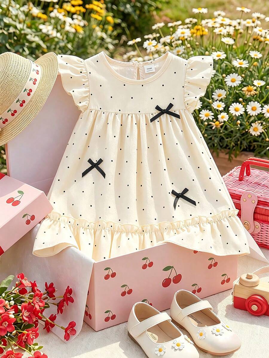SHEIN Baby Girls' Casual Cute Polka Dot Bowknot Flounce Sleeve Design Dress, Suitable For Spring/Summer Daily Wear - Apricot - View 1