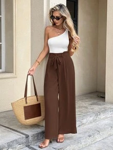 Serisse Paperbag Waist Belted Straight Bow Tie Wide Leg Pants - Brown - View 9