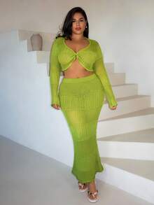 Veslaya Plus Size Women's Avocado Green Knit Set,Long Sleeve Twist Front Crop Top&High Waist Skirt For Sommar,Beach,Vacation,Holiday,Music Festival&Party - Green - View 6