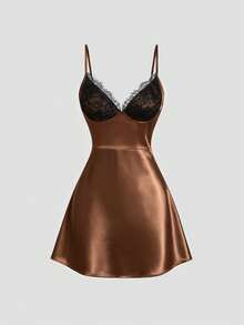 Sweetra Đầm dự tiệc sang trọng bằng satin dành cho nữ, màu nâu, dây mảnh, phối ren đen, dáng xòe. - màu nâu - Xem 1