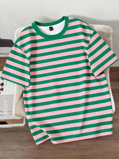 Manfinity Joysei Men's Pink & Green Striped Short Sleeve T-Shirt, Fashionable & Casual, Suitable For Daily Wear And Couple Matching
