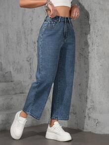 SHEIN ICON Plus Size Women Casual Loose Straight Leg Light Blue Non-Stretch Jeans - Light Wash - View 6