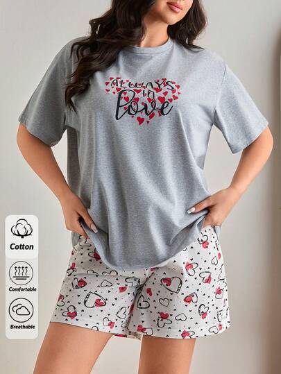 SHEIN Women's Cotton 2 Pieces Cute Heart Printed Set, T-Shirt And Short