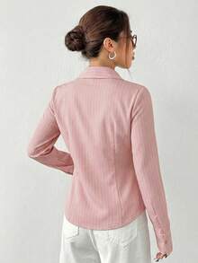 SHEIN EZwear 淡粉色条纹长袖梭织休闲衬衫，女士衬衫领，莲藕粉色条纹梭织前襟纽扣衬衫，女士衬衫，女士纽扣衬衫，女士衬衫，优雅女士衬衫，优雅纽扣衬衫，商务休闲女士衬衫，女士衬衫，优雅 - 藕粉色 - 查看 2
