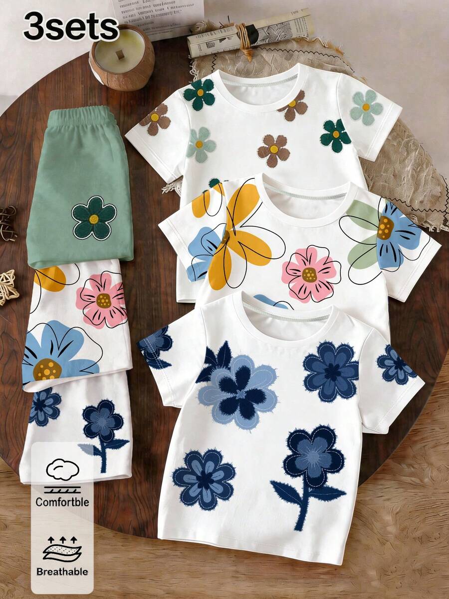 6pcs/3sets Young Girl Casual Soft Loose Round Neck Short Sleeve T-Shirt And Shorts Set, Floral Print Tee With Solid Color Shorts, Suitable For Spring & Summer Casual Outings, Summer Vibes, Korean Style, Back To School Outfit, Comfortable And Fashionable Children's Clothing, Spring & Summer Casual Wear, Children's Graphic Tee, Summer New , Spring & Summer Fashion - Multicolor - View 1