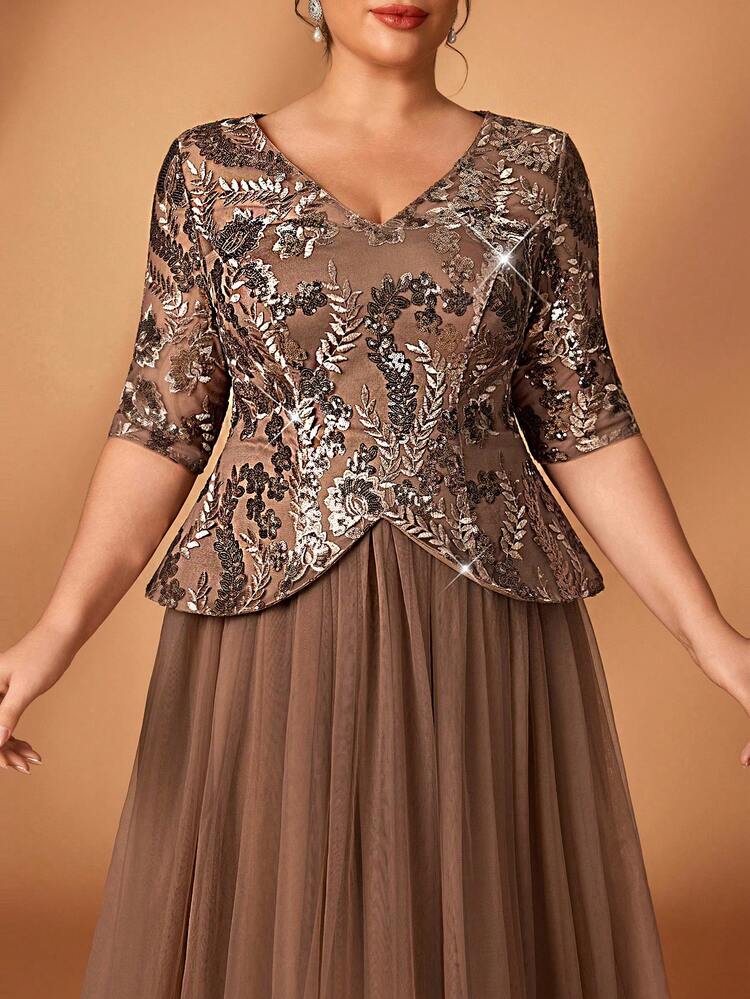 Serin Đầm maxi cỡ lớn sang trọng, thanh lịch với họa tiết ren đính ngọc trai và sequin, tay áo voan mỏng, thích hợp cho đám cưới, tiệc tùng, lễ hội, dạ hội, hoặc dành cho mẹ cô dâu. - Rượu sâm banh - Xem 6