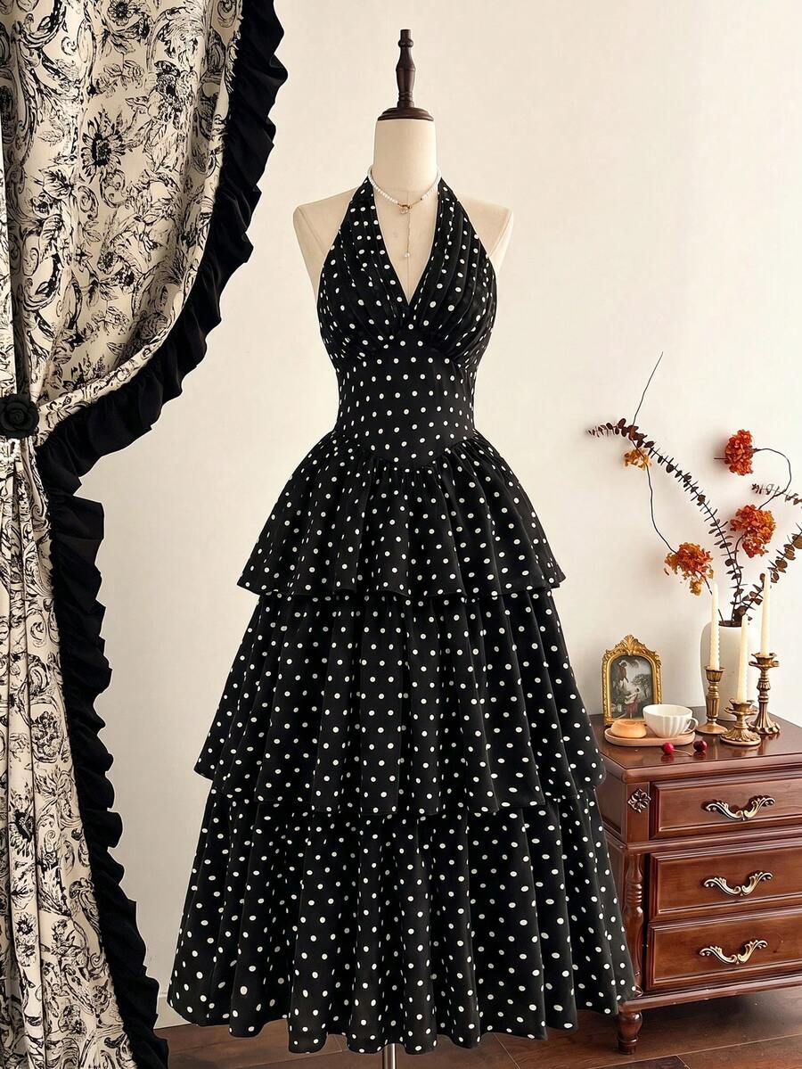 Vintamour Vintage Romantic Classic Elegant Women's Dress, Spring/Summer Fitted Halter Neck Tie Bow Black And White Polka Dot Polka Dot Cake Dress Tea Party