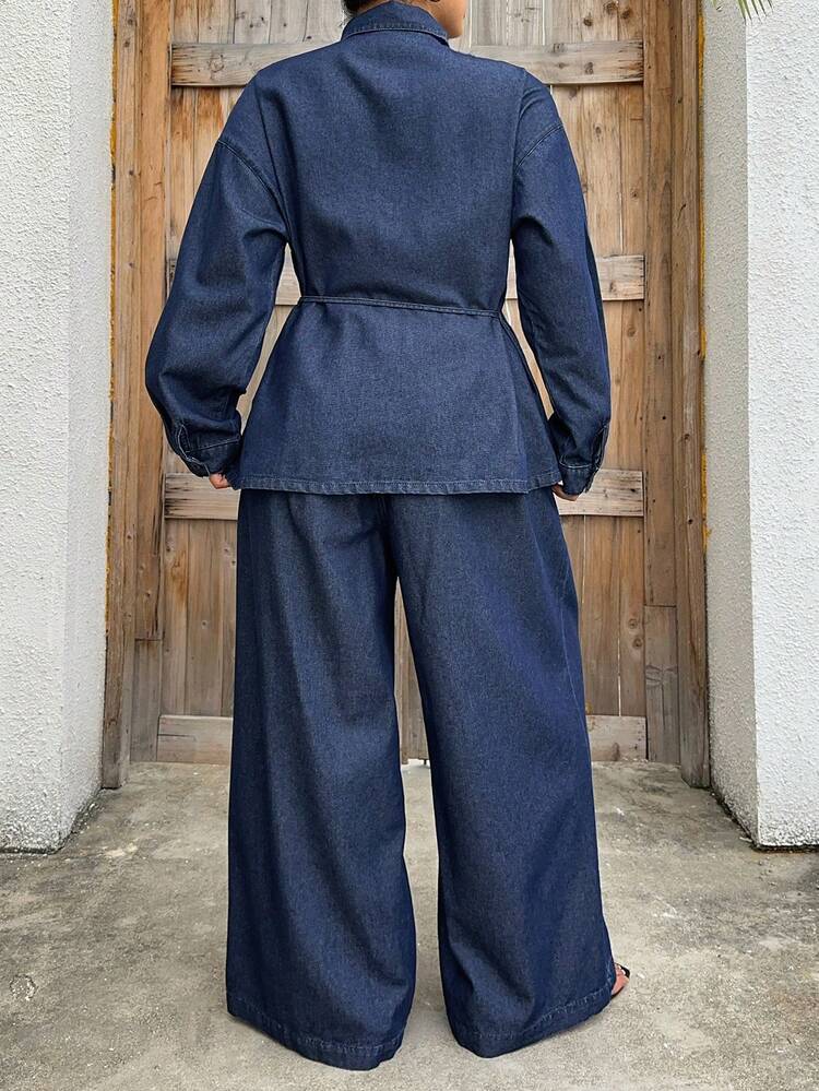 Dazy Plus Plus Size Women Casual Denim Set, Loose Tie Waist Long Sleeve Shirt And Long Jeans, Spring/Summer