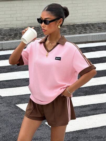 Muchica Women's Fashionable Versatile Graphic Tee And Casual Striped Shorts Sports Suit