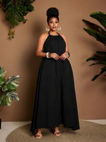 Maweii Plus Size Women's Black Summer Tropical Vacation Dress,Tie-Up Halter Neck Bow Open Back Flared Skirt,Elastic Waist Casual High-End Solid Color Fabric - Black - View 4