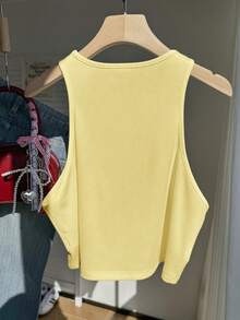 Comfortcana Plus Size Casual Slogan Print Sleeveless Tank Top, Spring/Summer - Yellow - View 2