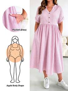 SHEIN Essnce Đầm cỡ lớn dành cho nữ, cổ chữ V, kẻ sọc, có túi và khuy trang trí. - Hồng - Xem 1