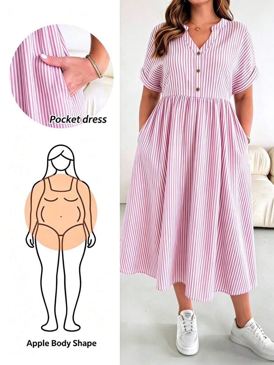SHEIN Essnce Đầm cỡ lớn dành cho nữ, cổ chữ V, kẻ sọc, có túi và khuy trang trí. - Hồng - Xem 1