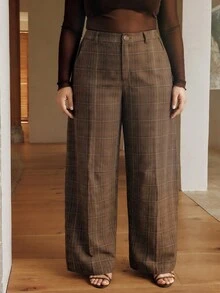 Anewsta Plus Size Women's Plaid Wide-Leg Suit Pants, Brown, Lightweight Luxury Niche Design, British Style, Suitable For Commuting, Daily Wear And Outings - Brown - View 6