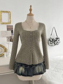 Elamini Vintage Casual Single-Breasted Long Sleeve Knit Cardigan For Women - Mocha Brown - View 3