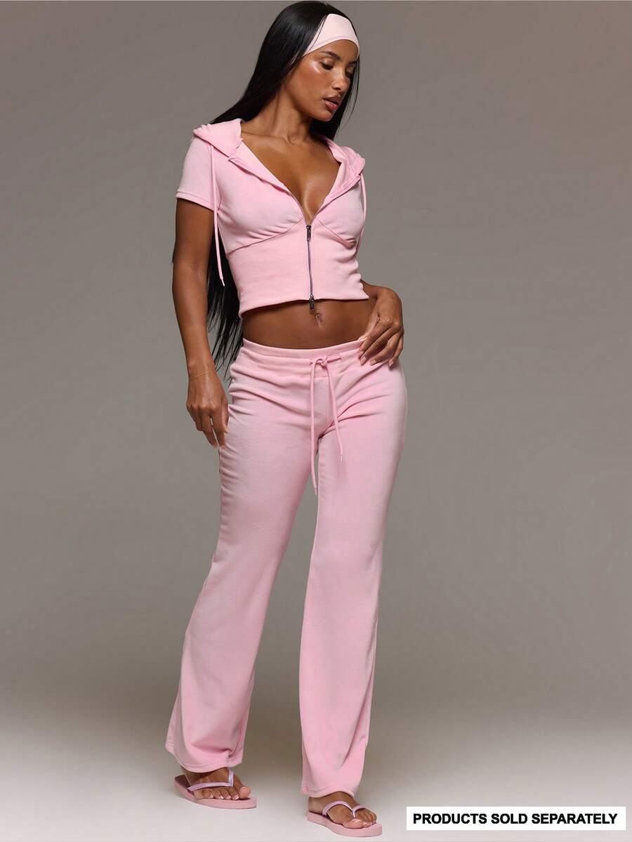 MUSERA Velour Elasticated Low Drawstring Waist Straight Leg Trouser Coord Bottoms Only Cute Everyday Daily Lounge Airport Holidays Vacation Summer Altitude - Pink - View 1