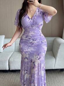 Vibekara 大码女士印花修身优雅美人鱼连衣裙 - 紫色 - 查看 5