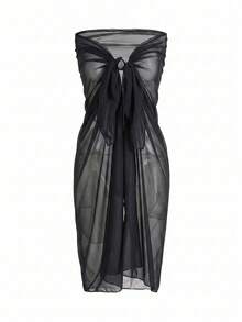 Slaydiva Plus Size Women's Wrap Skirt One-Piece Style Vacation Chiffon Beach Cover Up - Black - View 6