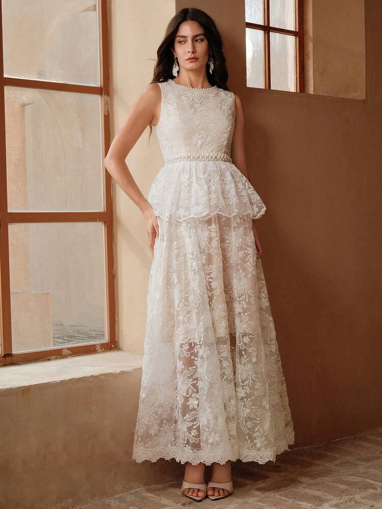 Women's Elegant Floral Embroidered Sleeveless Dress