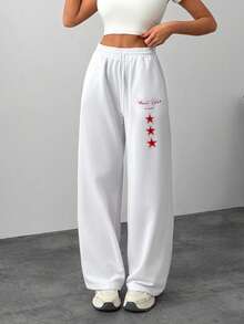 SHEIN 女士白色常规版型休闲抽绳阔腿运动裤 - 白色 - 查看 3