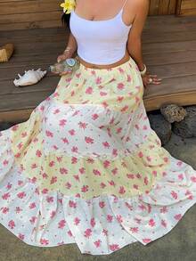 Sunnyshic Vintage Boho Floral Skirt Women's Elastic Waist Contrast Lace Bohemian Color Block Loose Skirt Plus Size Summer Holiday Casual Wear White - Multicolor - View 3