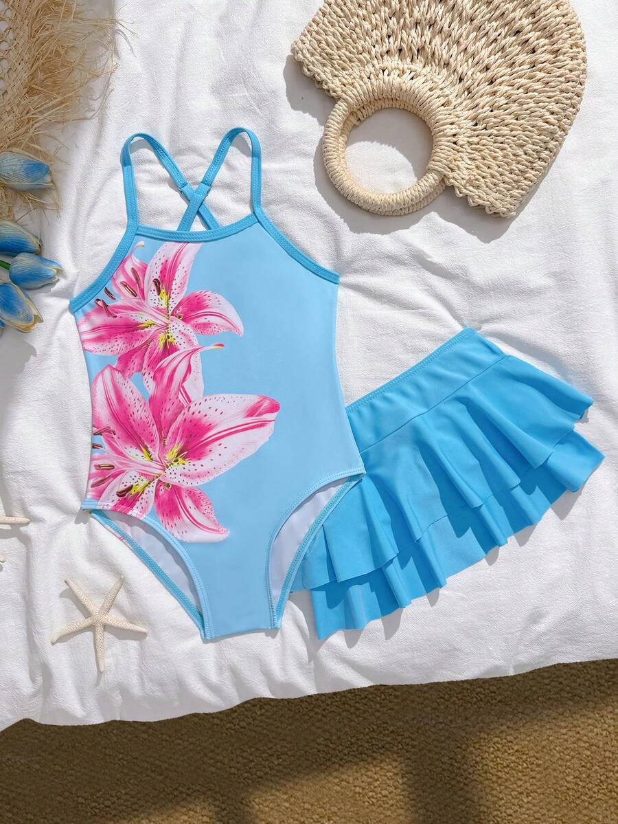 SHEIN Bộ áo tắm liền thân in hoa và chân váy xếp tầng đôi cho bé gái, kiểu dáng đi biển/nghỉ mát. - Màu xanh nhạt - Xem 1