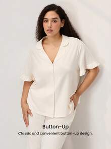 LUVLETTE Damen Große Größen atmungsaktive Baumwolle weiße Braut-Unterwäsche Kurzarm Knopfleiste Top & Hose luftige Loungewear süßes Pyjama Set Hose mit Taschen - Beige - Übersicht 8