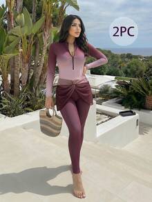 Swim Shayni Bộ bikini hai mảnh Burkini dành cho nữ, gồm áo kiểu ombre có khóa kéo, phần thân áo xếp ly thắt nút và quần legging bó sát. - Màu Đỏ Sâu - Xem 7